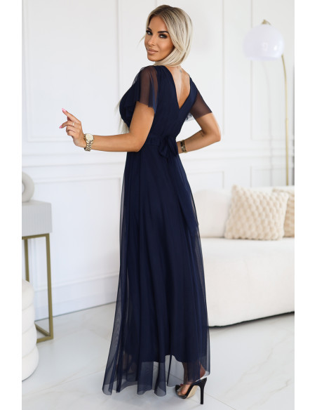  562-1 NASTIA Long dress with neckline and short sleeves - navy blue 