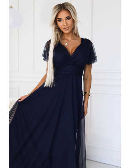  562-1 NASTIA Long dress with neckline and short sleeves - navy blue 