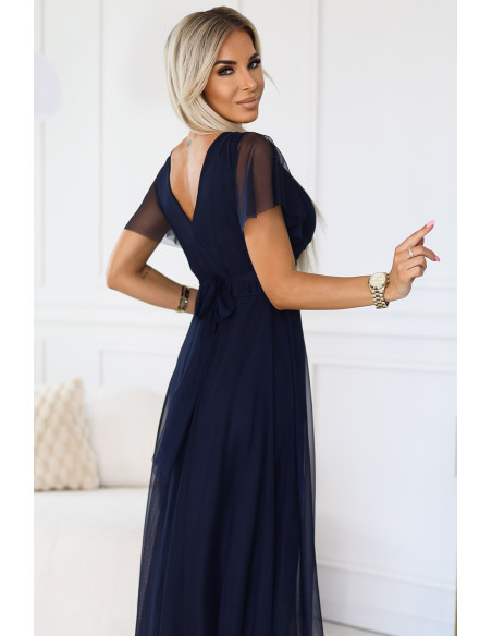  562-1 NASTIA Long dress with neckline and short sleeves - navy blue 