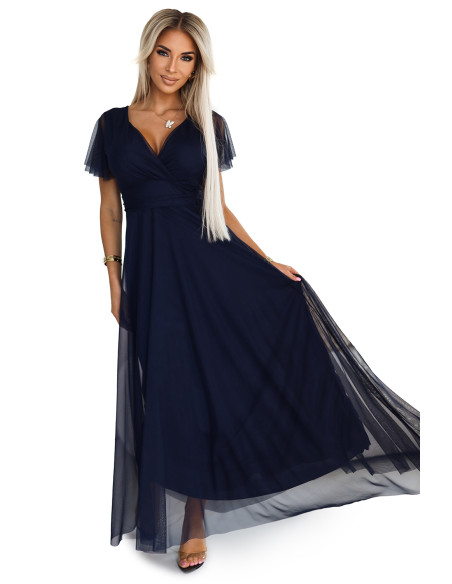  562-1 NASTIA Long dress with neckline and short sleeves - navy blue 