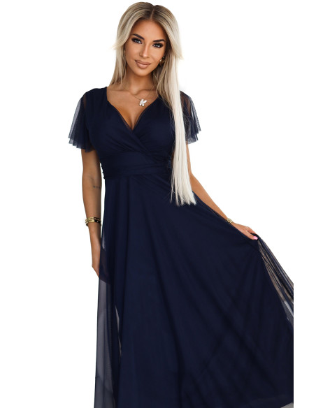  562-1 NASTIA Long dress with neckline and short sleeves - navy blue 