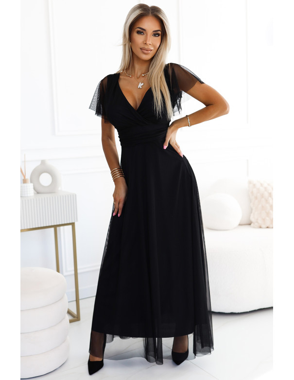  562-3 NASTIA Long dress with neckline and short sleeves - black 