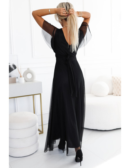  562-3 NASTIA Long dress with neckline and short sleeves - black 