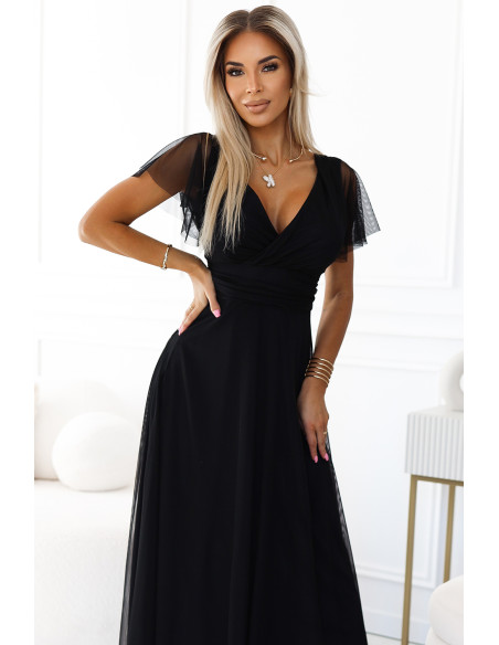  562-3 NASTIA Long dress with neckline and short sleeves - black 