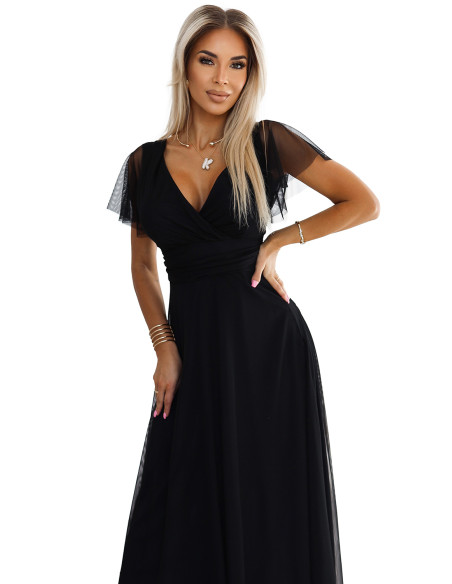  562-3 NASTIA Long dress with neckline and short sleeves - black 