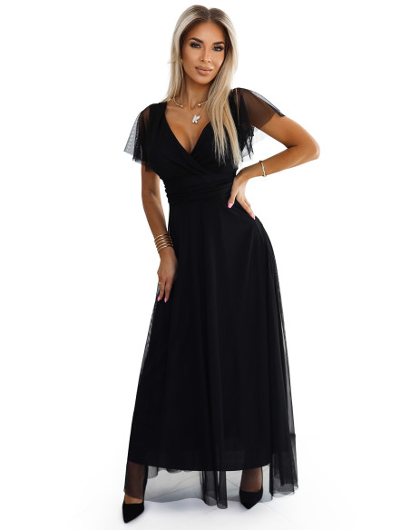  562-3 NASTIA Long dress with neckline and short sleeves - black 