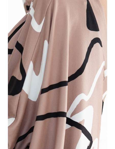  402-8 Batwing sleeveless comfortable dress with a neckline - beige with a black and white pattern 