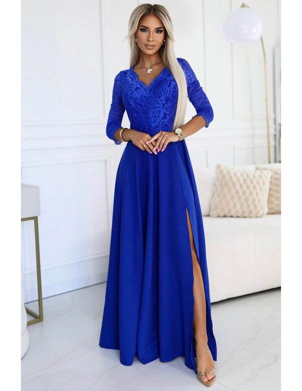  309-12 AMBER elegant lace long dress with a neckline - Royal blue 