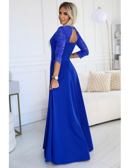  309-12 AMBER elegant lace long dress with a neckline - Royal blue 