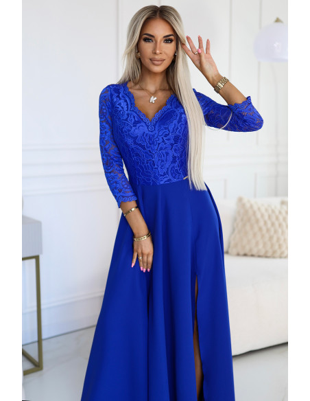  309-12 AMBER elegant lace long dress with a neckline - Royal blue 