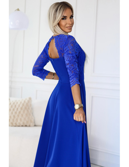  309-12 AMBER elegant lace long dress with a neckline - Royal blue 