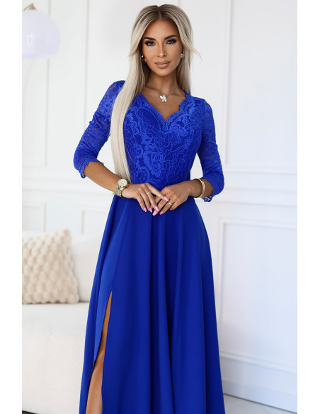  309-12 AMBER elegant lace long dress with a neckline - Royal blue 