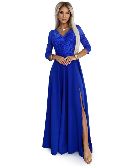  309-12 AMBER elegant lace long dress with a neckline - Royal blue 