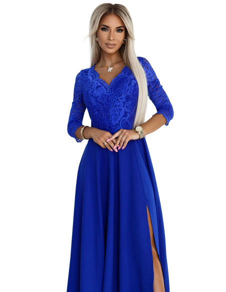  309-12 AMBER elegant lace long dress with a neckline - Royal blue 