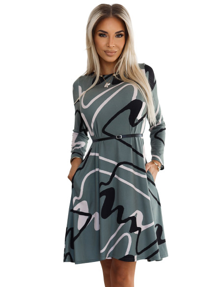  576-1 A-line sweater dress with a belt - olive with a black and beige pattern 