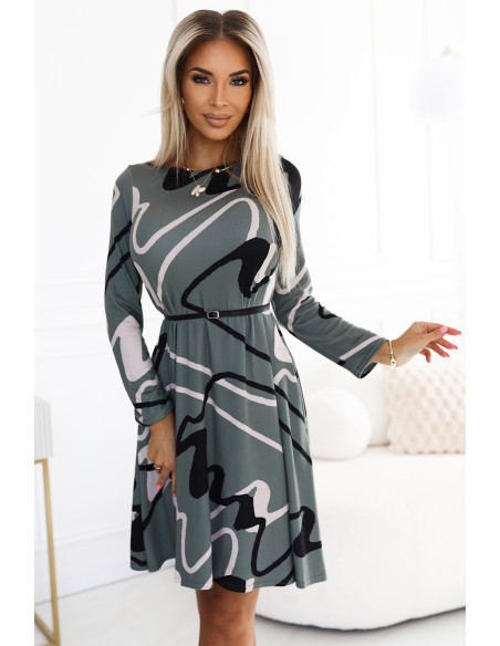  576-1 A-line sweater dress with a belt - olive with a black and beige pattern 