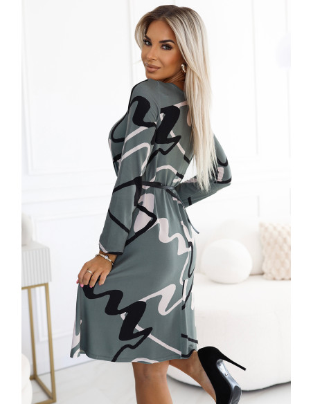  576-1 A-line sweater dress with a belt - olive with a black and beige pattern 