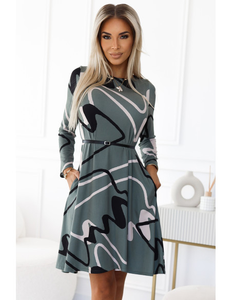  576-1 A-line sweater dress with a belt - olive with a black and beige pattern 