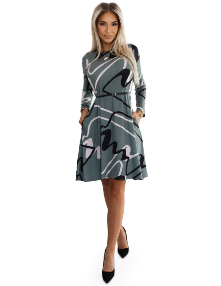  576-1 A-line sweater dress with a belt - olive with a black and beige pattern 