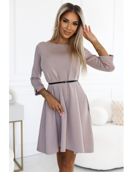  579-1 Classic trapeze dress with black belt - beige 