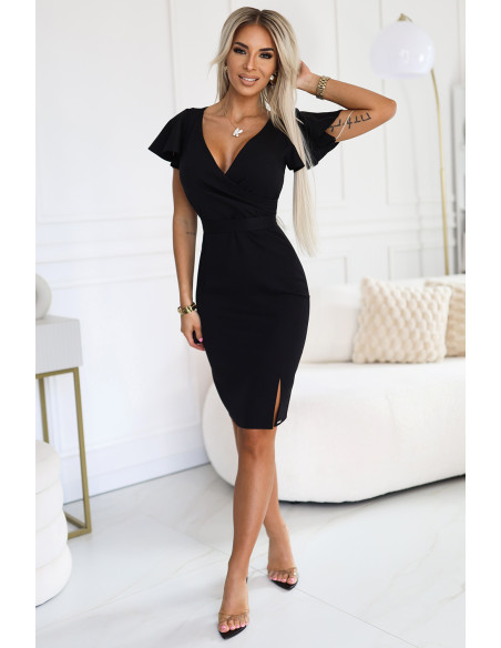  479-9 NINA elegant dress with envelope neckline, sleeve and belt - black 