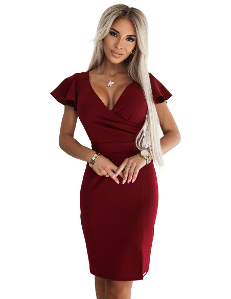  479-7 NINA elegant dress with envelope neckline, sleeve and belt - burgundy color 