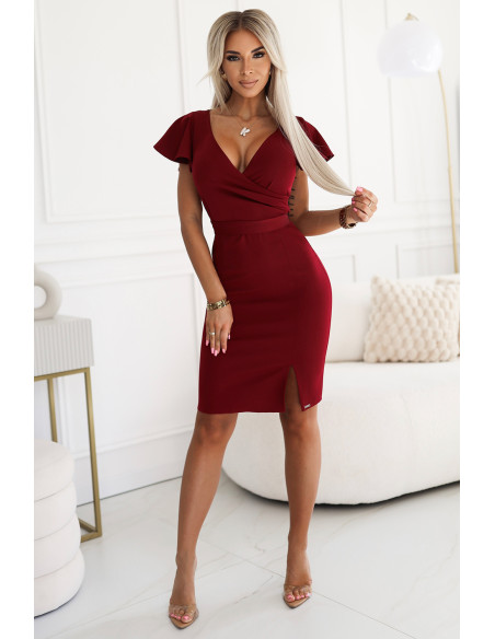  479-7 NINA elegant dress with envelope neckline, sleeve and belt - burgundy color 