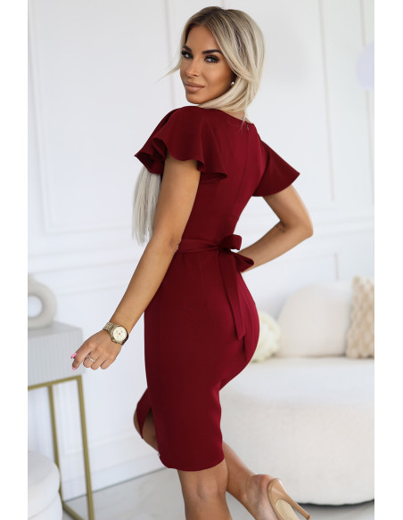  479-7 NINA elegant dress with envelope neckline, sleeve and belt - burgundy color 