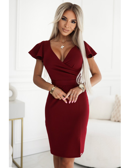  479-7 NINA elegant dress with envelope neckline, sleeve and belt - burgundy color 