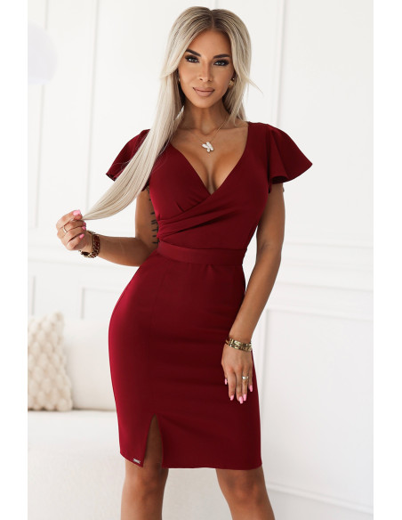  479-7 NINA elegant dress with envelope neckline, sleeve and belt - burgundy color 