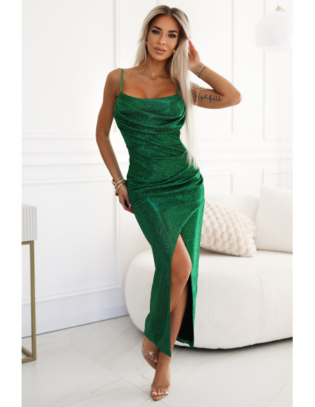  563-3 COSIMA Shiny and elegant draped dress - green color 