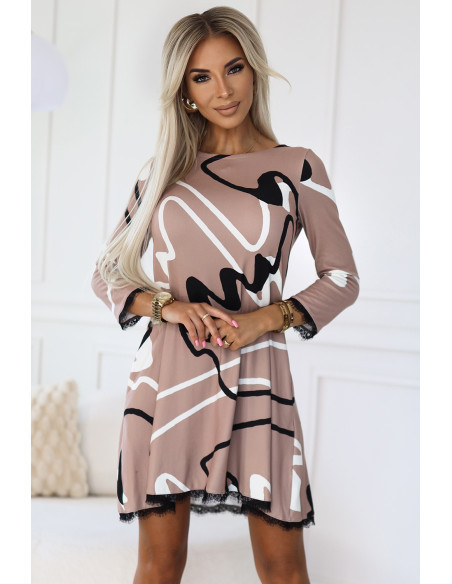  577-1 Lace trapeze sweater dress - beige with black and white pattern 