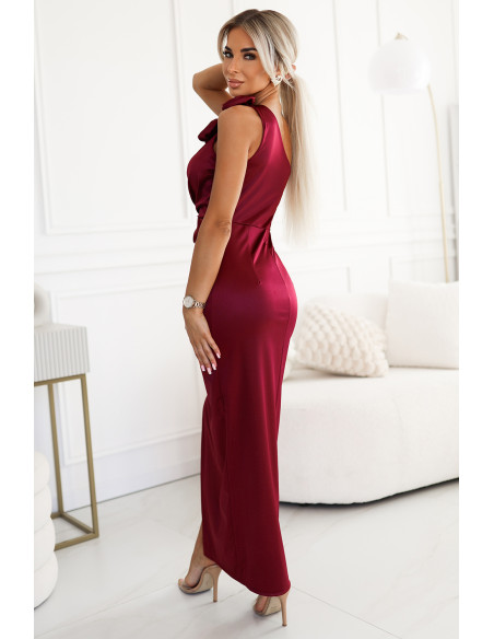  580-2 AURORA long satin one shoulder dress with roses - burgundy 