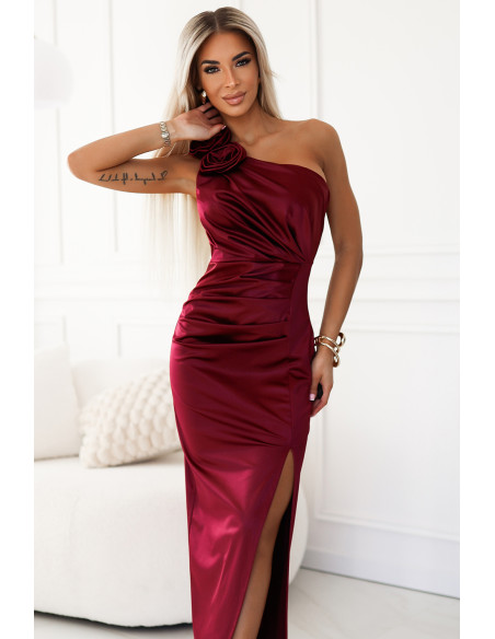  580-2 AURORA long satin one shoulder dress with roses - burgundy 