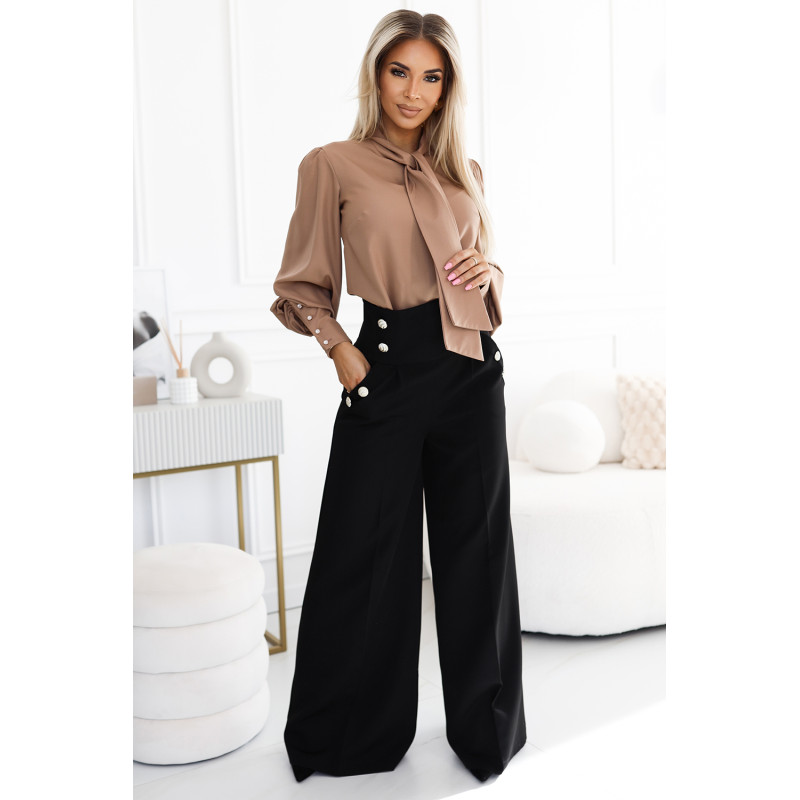  496-2 Elegant wide pants with high waist and golden buttons - black 