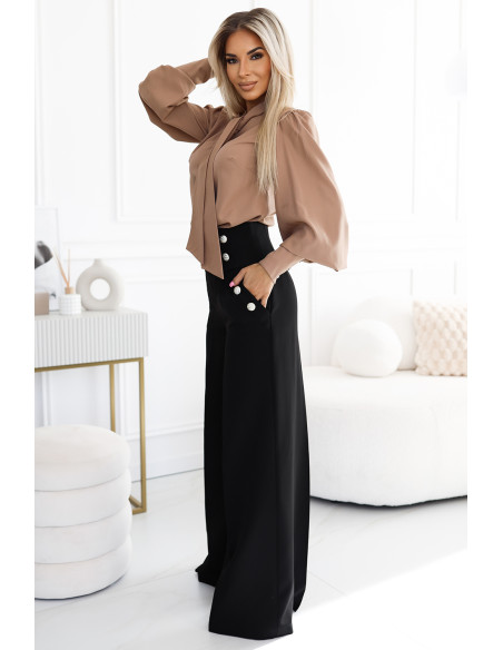  496-2 Elegant wide pants with high waist and golden buttons - black 