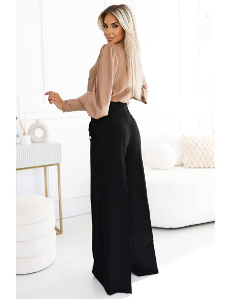  496-2 Elegant wide pants with high waist and golden buttons - black 
