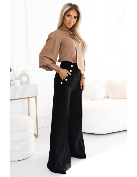  496-2 Elegant wide pants with high waist and golden buttons - black 