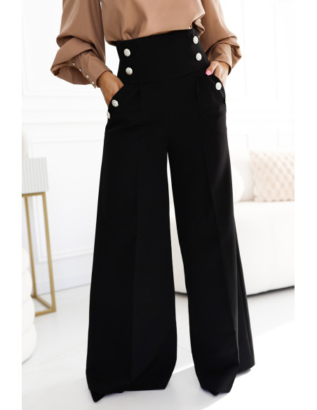  496-2 Elegant wide pants with high waist and golden buttons - black 