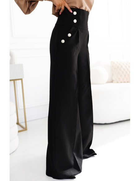 496-2 Elegant wide pants with high waist and golden buttons - black 