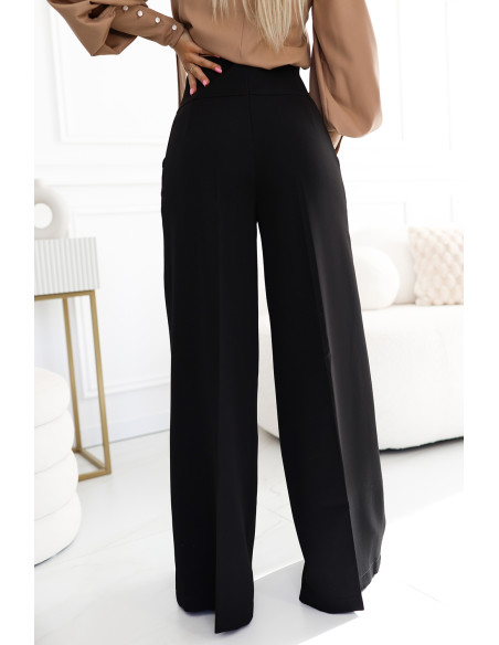  496-2 Elegant wide pants with high waist and golden buttons - black 