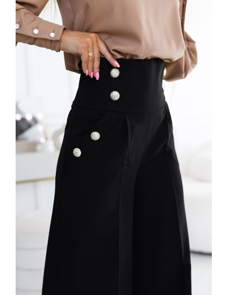  496-2 Elegant wide pants with high waist and golden buttons - black 