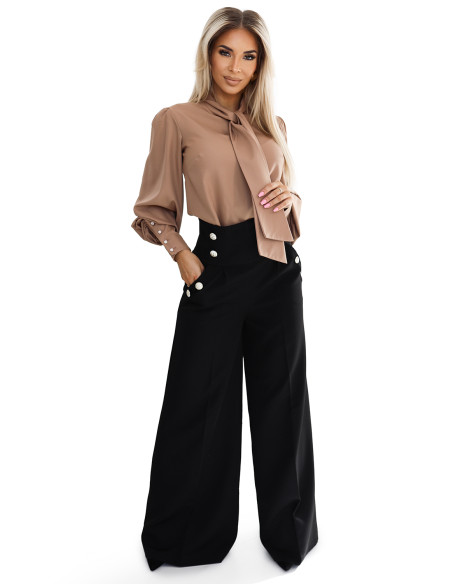  496-2 Elegant wide pants with high waist and golden buttons - black 