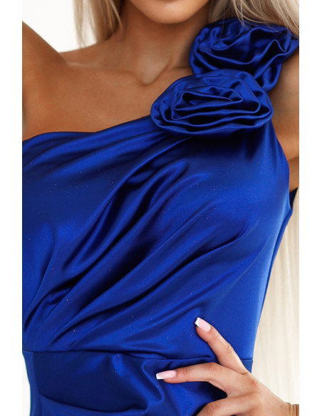  580-3 AURORA long satin one shoulder dress with roses - blue color 