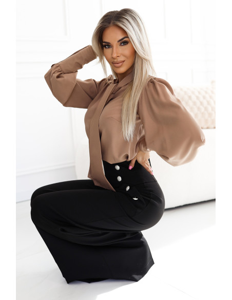  578-1 Unique business blouse with long sleeves, ties and buttons - caramel color 