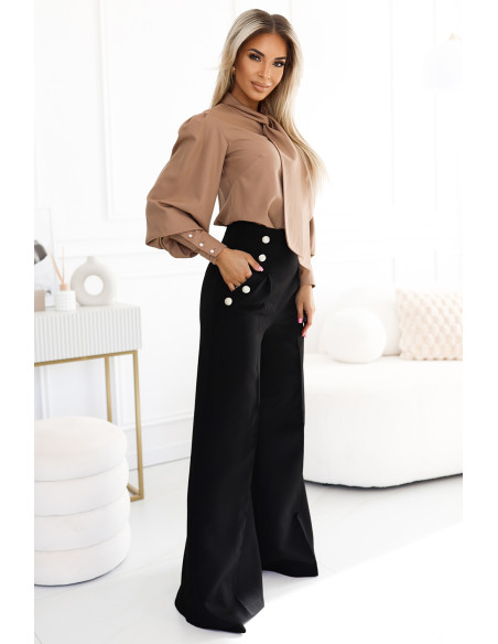  578-1 Unique business blouse with long sleeves, ties and buttons - caramel color 