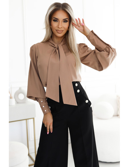  578-1 Unique business blouse with long sleeves, ties and buttons - caramel color 