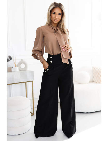 578-1 Unique business blouse with long sleeves, ties and buttons - caramel color 