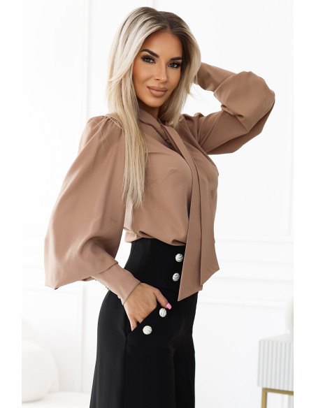  578-1 Unique business blouse with long sleeves, ties and buttons - caramel color 