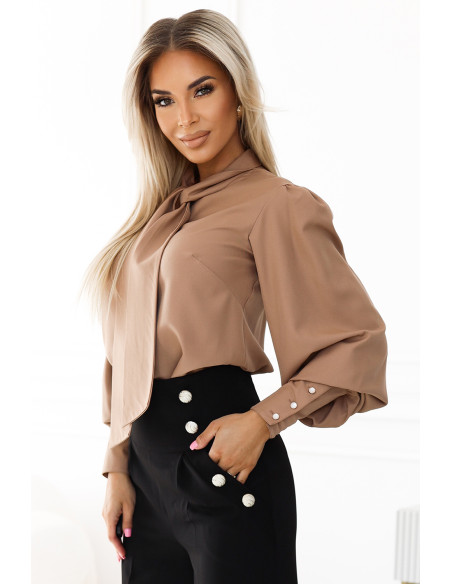  578-1 Unique business blouse with long sleeves, ties and buttons - caramel color 